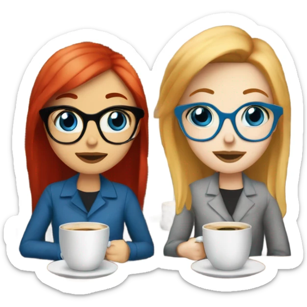 Two white skin girl friends one blonde in glasses blue eyes and one red headed with no glasses sitting in the coffee house drinking coffee sticker