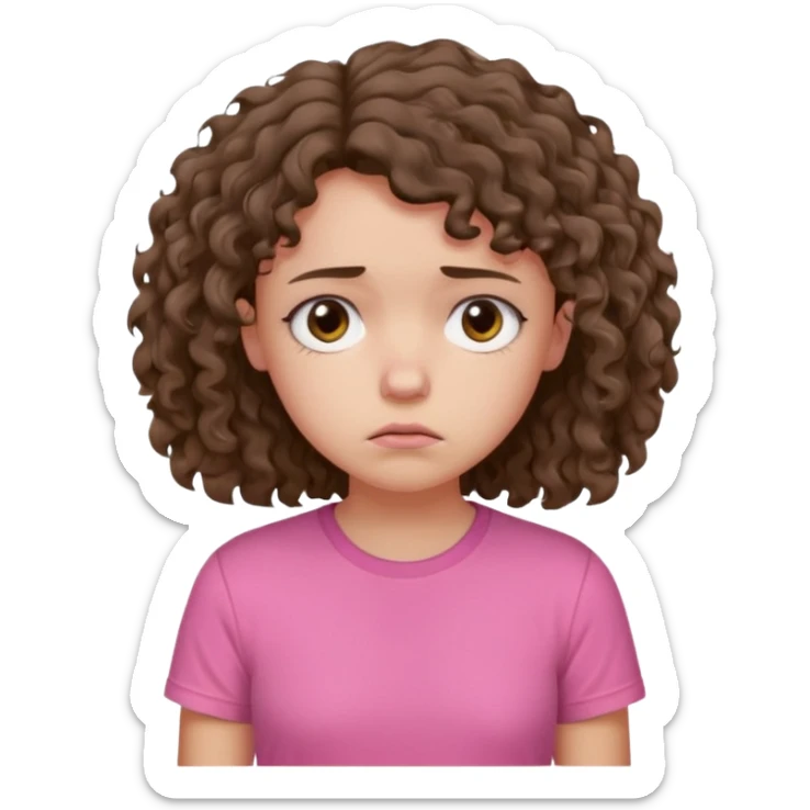 Young girl with unkempt curly hair and a pink T-shirt, looking sad and discouraged sticker