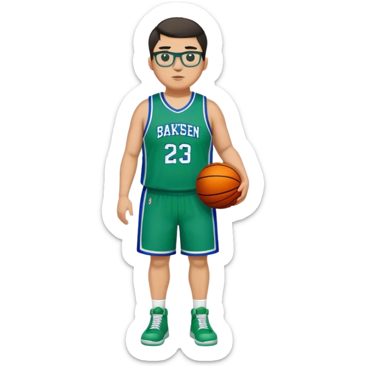 Full Body plus size white male with dark short hair basketball player wearing glasses wearing blue green uniform sticker