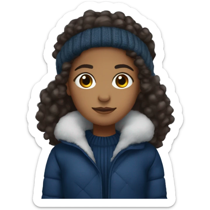 winter, christmas, hispanic, afro hair,  girl, brown eyes, child, full body, dark blue winter sweater, coat, headband sticker