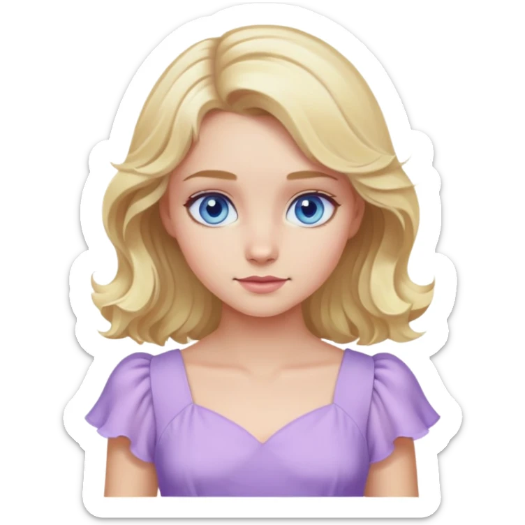 blonde girl with blue eyes and slight wavy hair wearing a lilac dress sticker