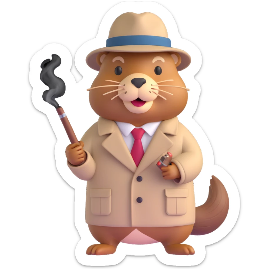 beaver gangster smoking a cigar, wearing a trench coat, tie, and hat, 3D emoji style sticker