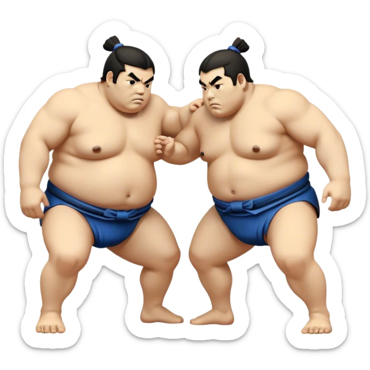 Cinematic Realistic Sumo Wrestling Emoji, depicted as an intense sumo match featuring powerful wrestlers in traditional mawashi, rendered with rich textures and dynamic dramatic lighting that captures the raw intensity of the sport. sticker