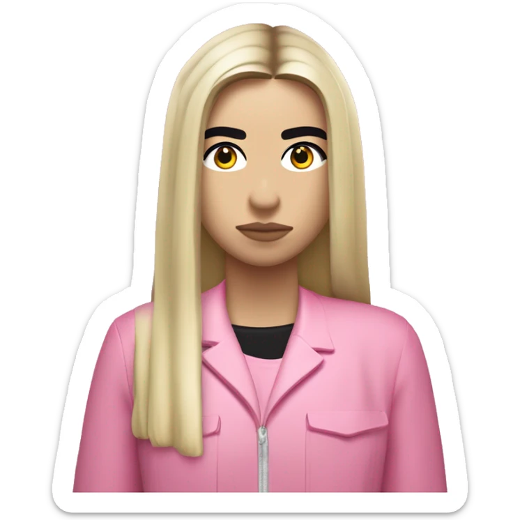 Dua lipa con chongo y dos pelos al frente rubia con saco rosa manejando sticker