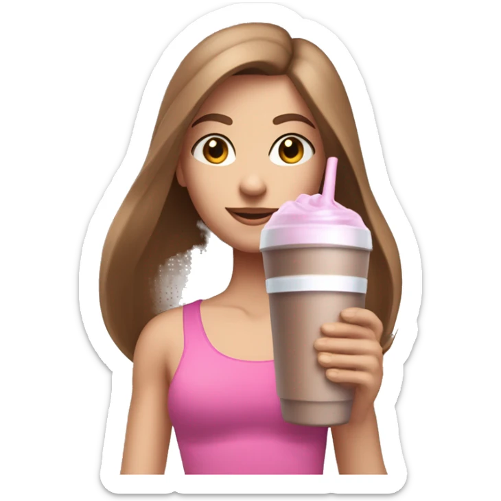 a girl with brown long straightened hair and blue eyes with pink leggings and pink sports top with a protein shake in her hand sticker