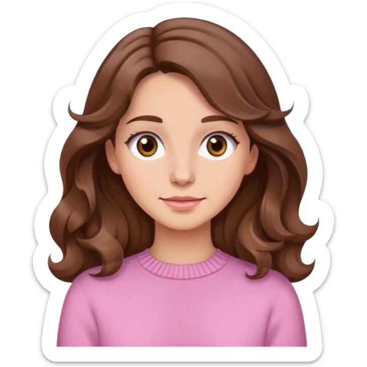 brown haired lady with brown eyes, wearing a pink jumper, long wavy brown hair sticker