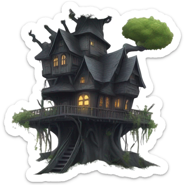 Fantasy haunted Addams tree house in an overgrown cottage with a futuristic twist  sticker