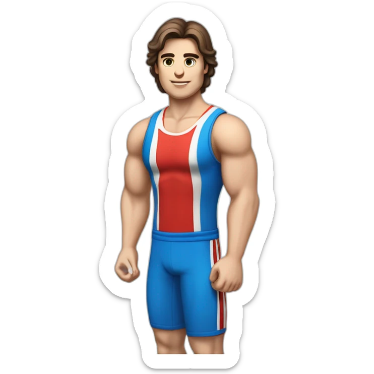 retro 70s blue and red gym clothes for a modern white brunette uni male student with glass sticker