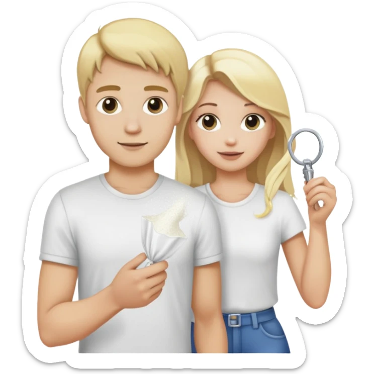 Blonde guy holding a plastic bag of white powder and blonde girl holding a key sticker