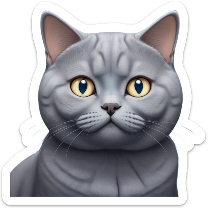 Cinematic Cute Bored Grey British Shorthair Cat Portrait Emoji, Head tilted slightly with a scrunched, bored expression, sleek soft grey fur with subtle blue undertones, Simplified yet adorable features, highly detailed, glowing with a soft, friendly glow, high shine, curious but clearly uninterested, stylized with a touch of whimsy, soft glowing outline, capturing the essence of a bored yet irresistibly cute kitty, so endearing it feels like it could tilt its head and let out a dramatic sigh at any moment! sticker