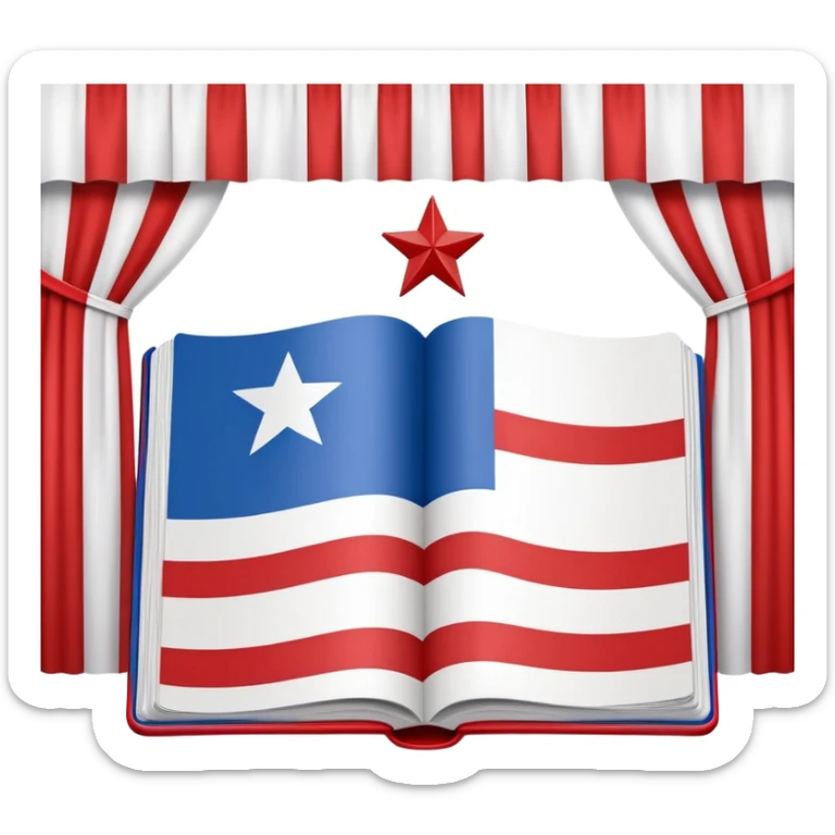 Book of theatrical set design with cover designed like the Puerto Rican flag, red and blue stripes with white star, theater curtains visible on pages sticker