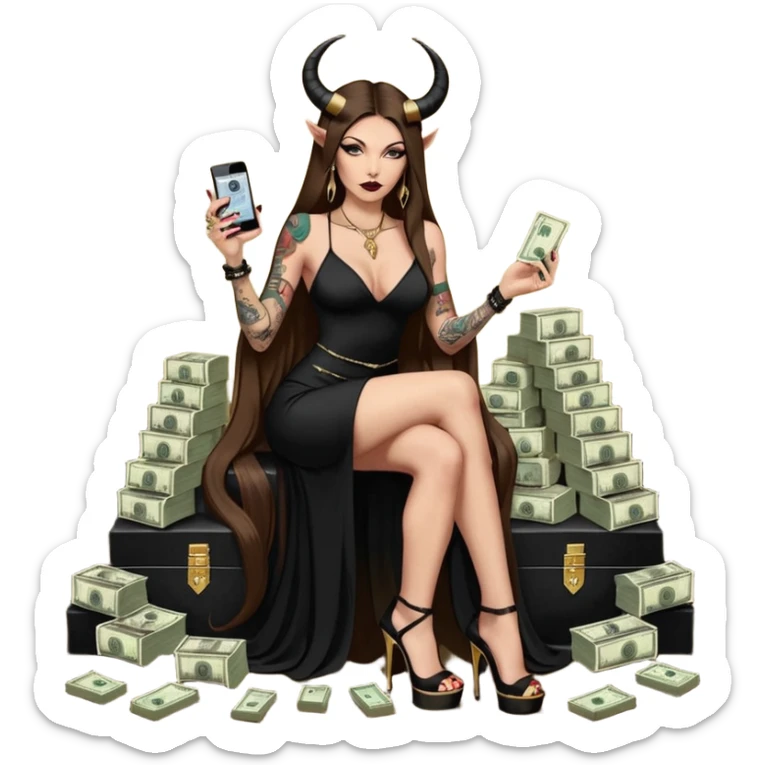 Sensual seductress long brown straight haired sexy drug lord woman with tattoos on arm sleeves and black gold platform high heels on her feet,  and devil black horns on her head, holding a stack of cash, has a phone in other hand. Sitting on gold cases full of drugs, long black dress with sexy slit sticker