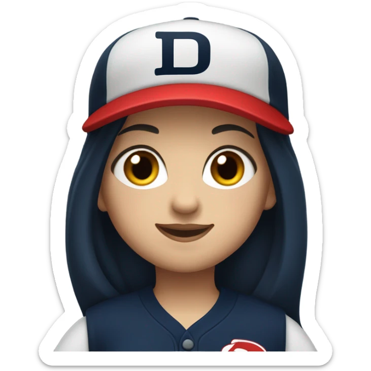White girl with black long hair who wearing navy ballcap emblazoned with a red D initial and wearing baseball uniform sticker