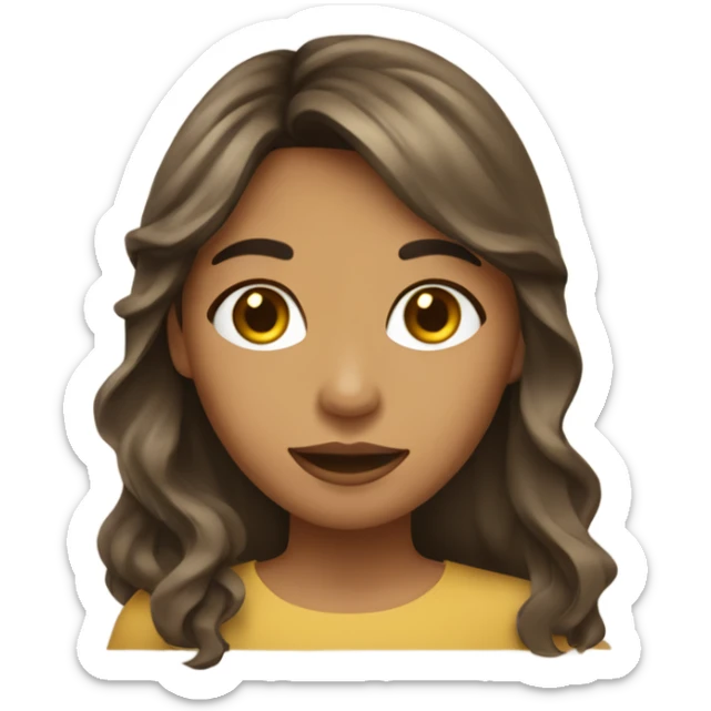 olive SKIN GIRL with long gold brown wavy hair and bangs holding paper sticker