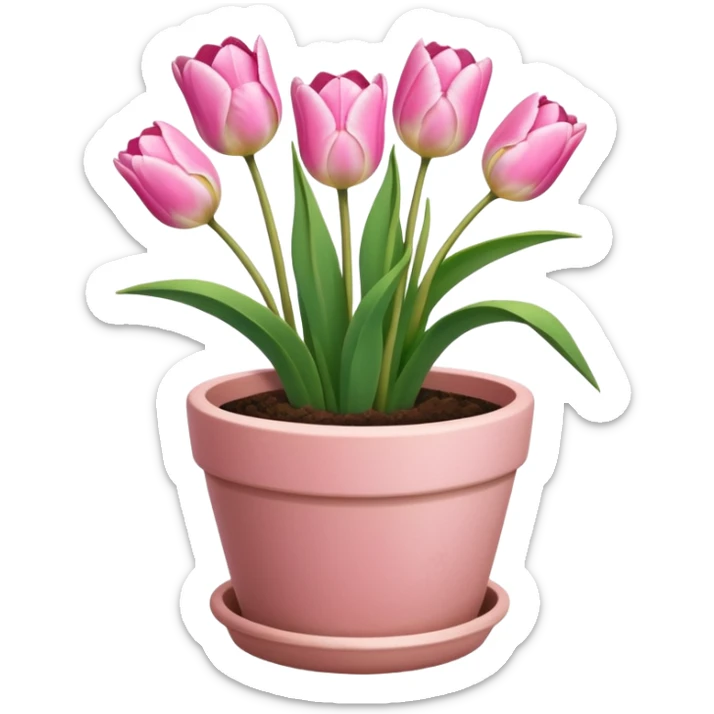 pink tulips in a plant pot in terra cota with white and pink flowers hand painted on the pot  sticker