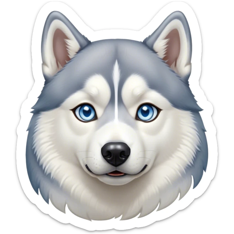 Cinematic Noble Siberian Husky Portrait Emoji, Poised and regal, with a strong, athletic build and a thick, well-groomed grey and white coat, piercing icy blue eyes, Simplified yet sharp and sophisticated features, highly detailed, glowing with a cool, dignified glow, high shine, intelligent and spirited, stylized with an air of endurance, focused and attentive, soft glowing outline, capturing the essence of a watchful and commanding sled dog, so majestic it feels as though it could sprint out of the screen with effortless authority! sticker