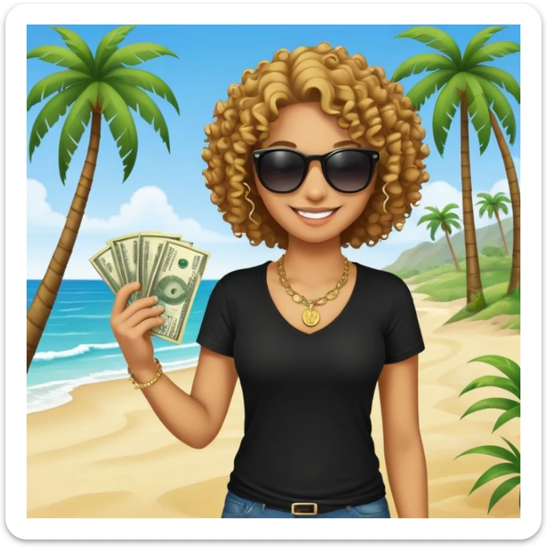 Smiling person with curly hair wearing black t-shirt and necklace, sunglasses, showing dollar bills, beach with palm trees sticker