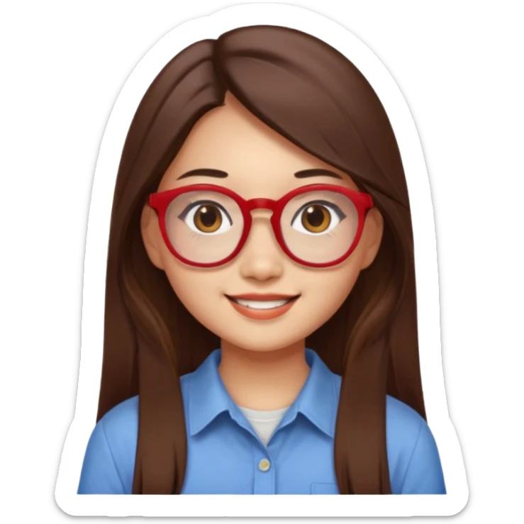 20 yr old asian woman, straight thick long brown hair, middle part, big red glasses, brown eyes, casual shirt sticker