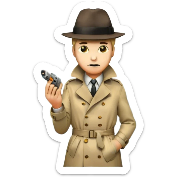 Vintage detective movie poster-style emoji. A classic noir scene with a detective in a trench coat and fedora,crime scene tape, and a smoking gun. A shadowy cityscape in the background with dim streetlights and fog. Dramatic lighting and a retro cinematic feel. Transparent background. sticker