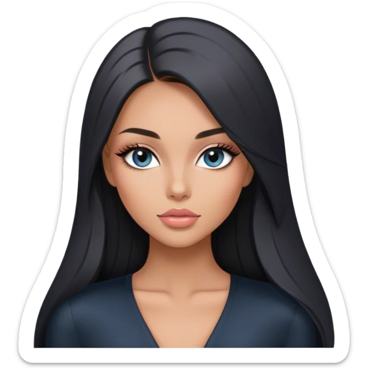 Glamours, tanned, very beautiful girl, with big pump peach-beige-rose lips, long long lashes, black straight smooth silky long hair, straight parting hair, blue-grey eyes in black long-sleeves v-neck bodysuit sticker