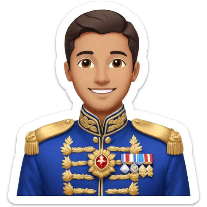 a handsome man in an ornate royal blue and gold military jacket, aristocratic, smiling, luxurious palace interior, detailed, sharp focus, high resolution, 8k, hyperrealistic, cinematic lighting, dramatic shadows sticker