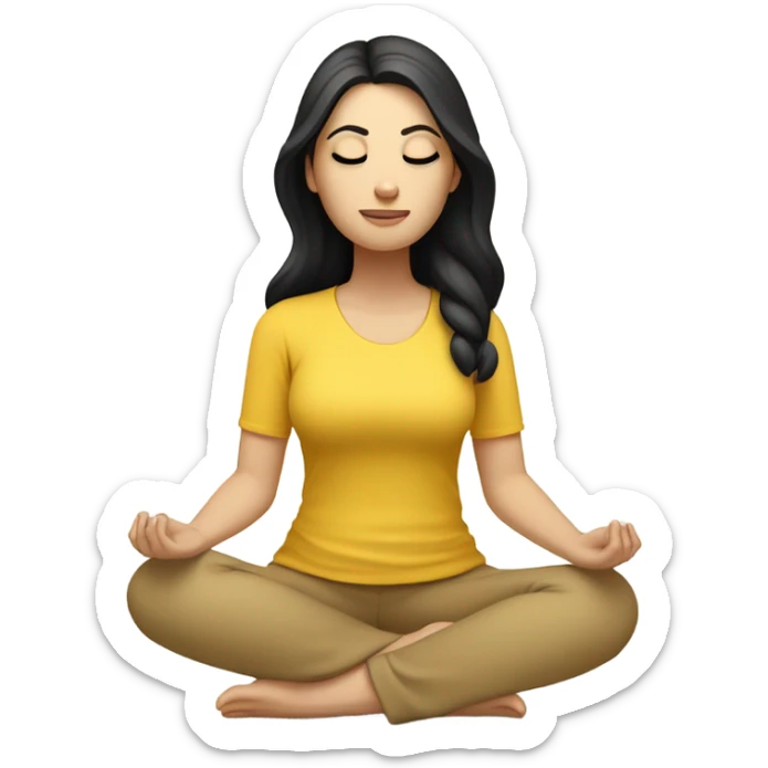 White girl with black hair meditating in yellow top and beige leggings sticker