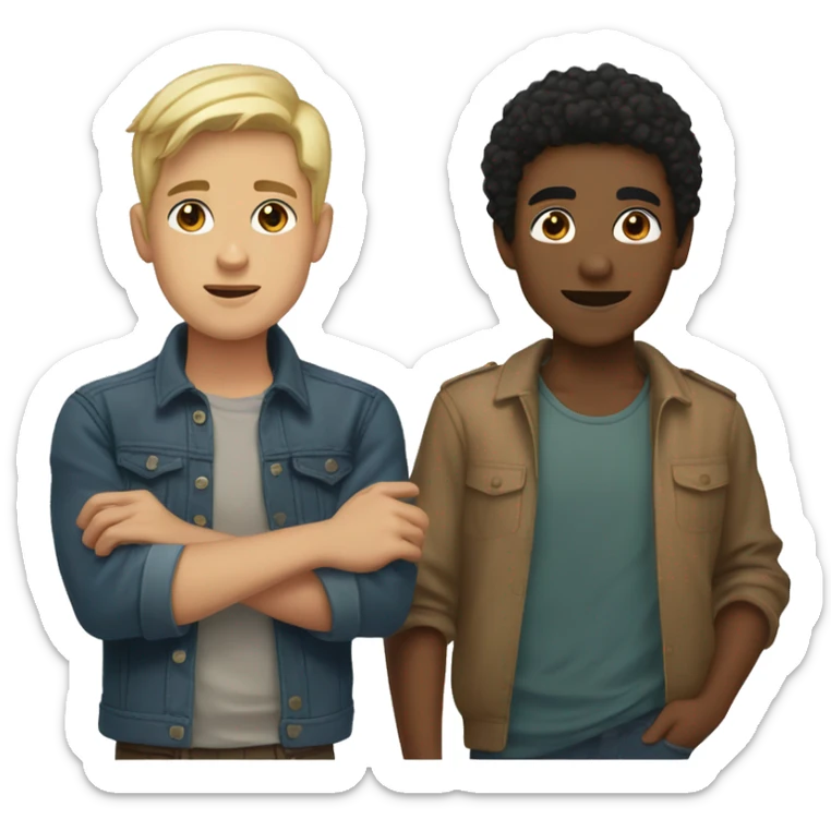 Two young men raising their right hand up one is blonde brown eyes and one is black hair brown eyes and a bit tan sticker