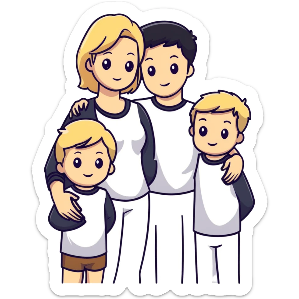 family with blond dad, brunette mom, blonde son, daughter with black hair, and a baby sticker