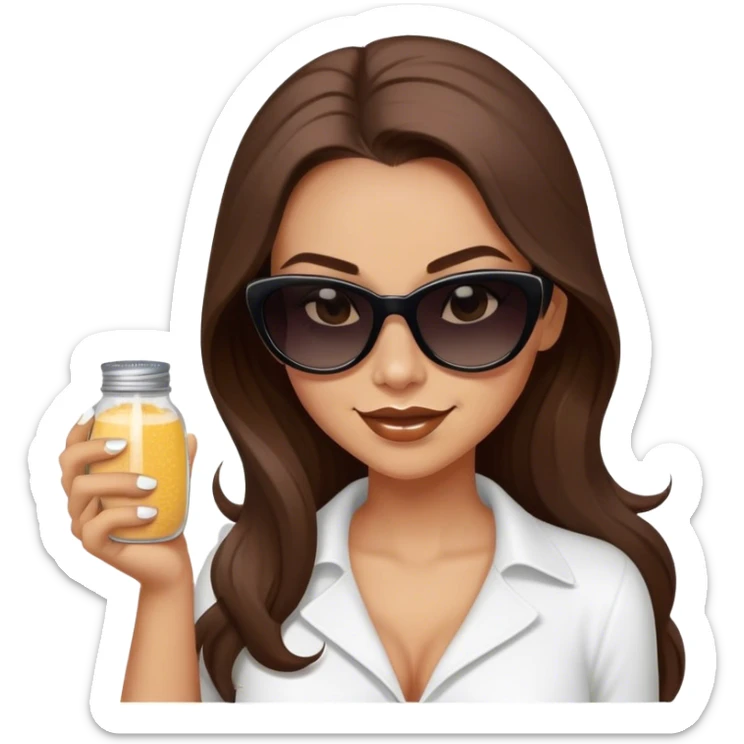 sassy woman with long brown hair and dark sunglasses holding a salt shaker and sprinkling the salt. She is smirking.  sticker