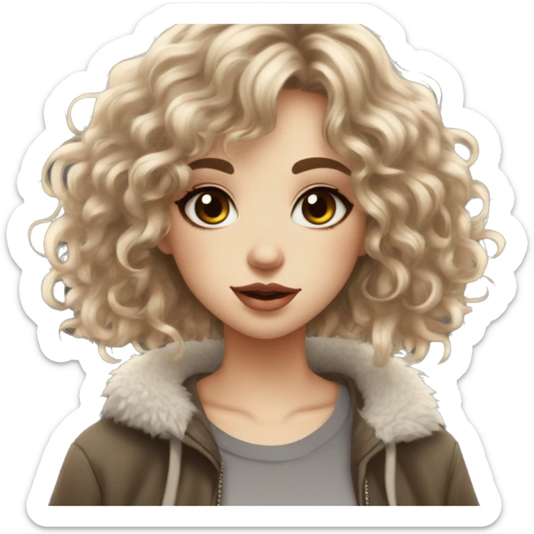 girl pretty, pale medium length curly hair dark brunette with hair layers, bangs, big hazel eyes, big lips, small nose, nose nostril piercing, three ear piercings sticker
