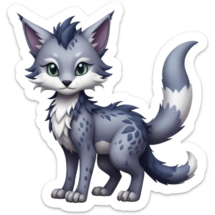 Kawaii dark edgy gloomy dusky dull-colored fantasy ethereal feline-vernid-sergal-fursona animal creature with a tufted tail full body with intricate markings  sticker