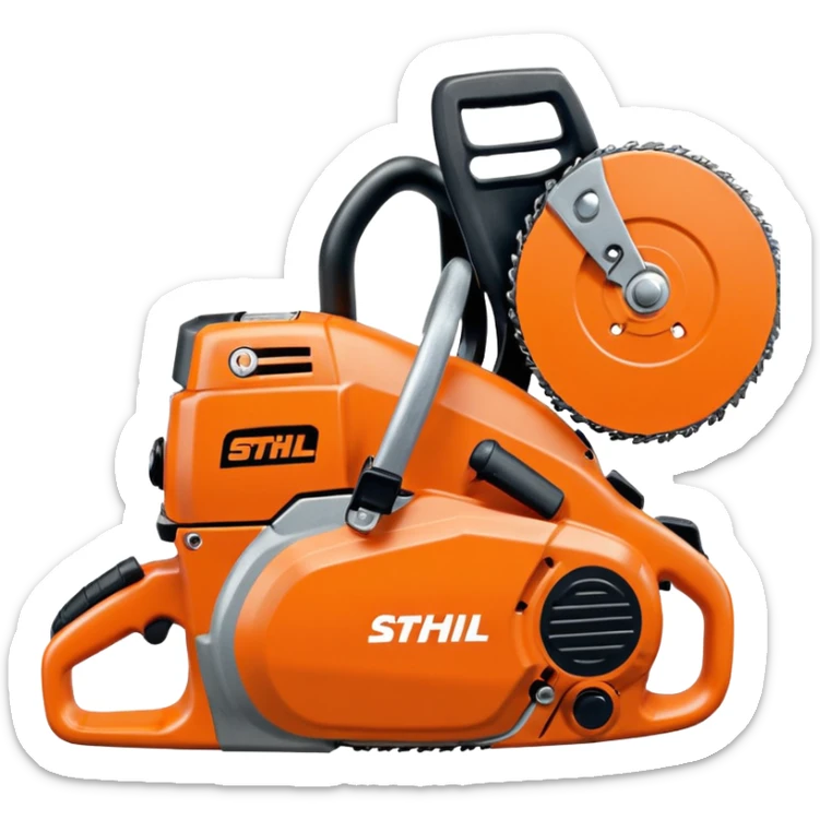 Kettensäge vom STIHL mit grauem Gehäuse, orangenem Deckel und schwarzen Griffen, die Schiene ist Grau, nicht Orange, mit Kette in Grau, seitlich ist das STIHL Logo in weißer Schrift in einem orangenem Kreis platziert sticker