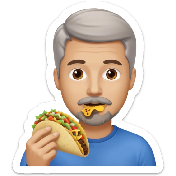 White man, blue eyes, brown gray hair, gray goatee, eating a taco sticker