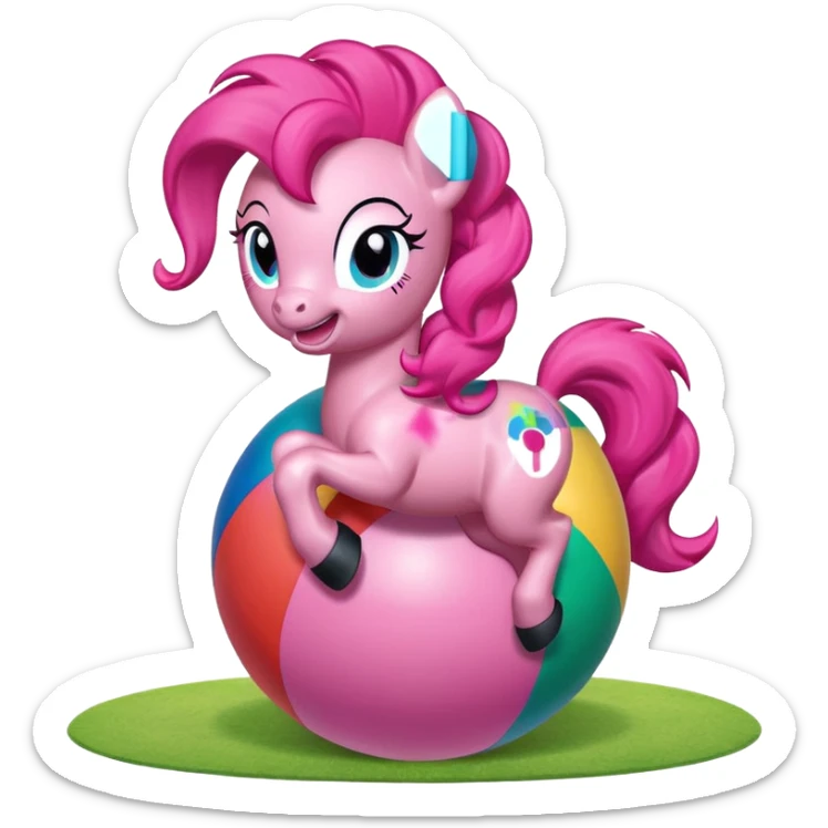 Pinkie Pie pony from My Little Pony happily bouncing on a big colorful ball, cartoon style, bright colors, cheerful expression, background with green meadow or playground sticker