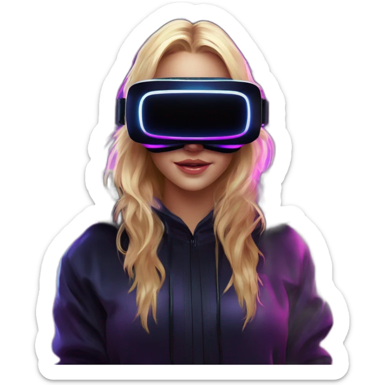 Russian blondy girl celebrating her birthday wearing a black hoodie and VR headset in a cyberpunk VR environment with violet neon lighting sticker