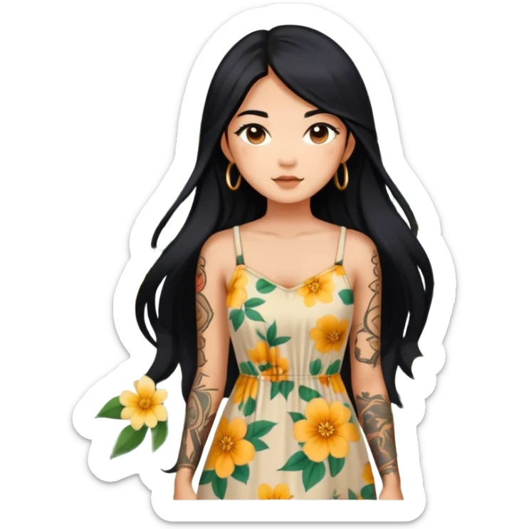 Beautiful Asian girl with long black hair and body tattoos wearing a floral sundress sticker