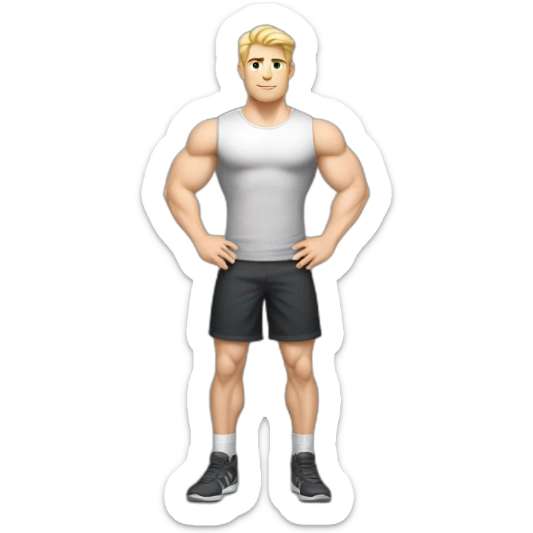 Full height Pale skinned fit man With the biceps and blonde hair In dark gray sleeveless mike, black oversize sports shorts, watch and white sneakers. his arms crossed over his chest sticker