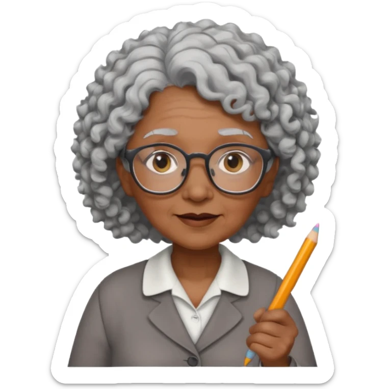 old woman teacher, brown skin, curly grey white hai, wearing glasses, hold chalk on hand sticker