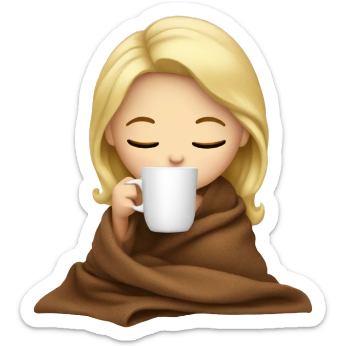 blonde girl sitting in a blanket sipping coffee with eyes closed sticker