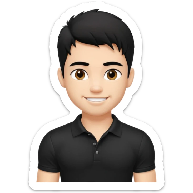 a pretty bratz fair lean muscles boy with a black polo shirt on. shaggy black hair. smiling sticker