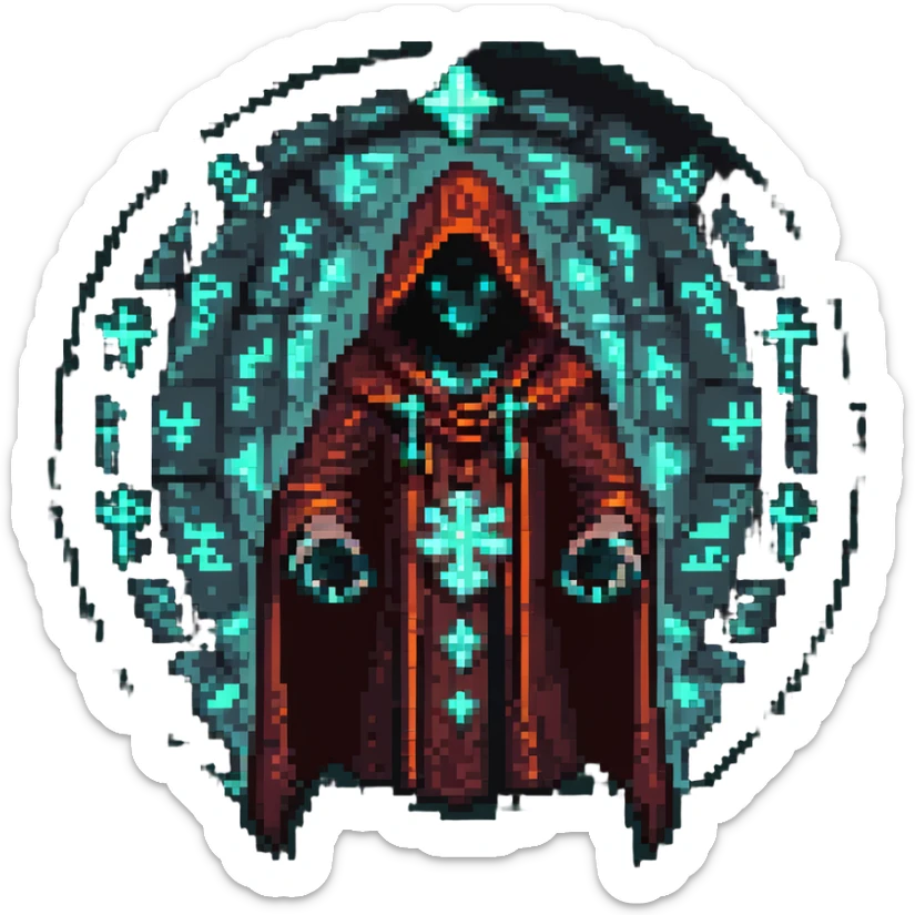 Add glowing magical runes floating around the hooded figure's hands in the pixel art style, keeping the transparent background. sticker