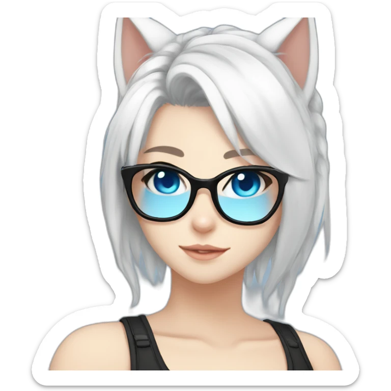 anime style white hair catgirl, black glasses, tank top, pony tail hair, blue eyes sticker