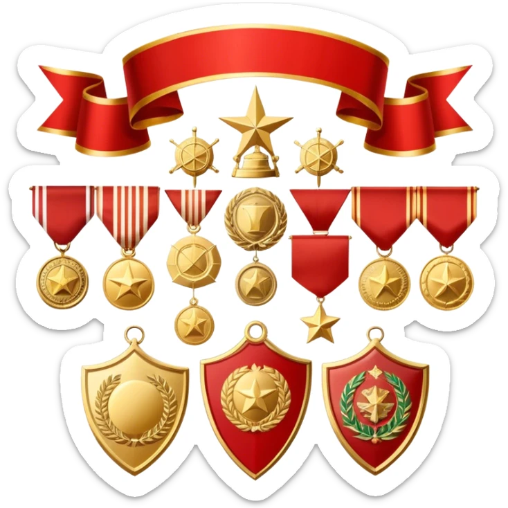 Icon for Collecting Orders, Medals & Badges: a variety of vintage orders, medals and badges, displayed neatly on a big red pennant or in a display case. The icon should reflect the honor and historical significance of these collectible items. Transparent background. sticker