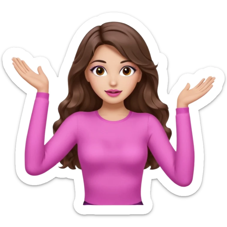 girl with long wavy brown hair, brown eyes, long lashes makeup, sexy pink lips, light to medium complexion, wearing a pink sexy top, both hands in the air high sticker