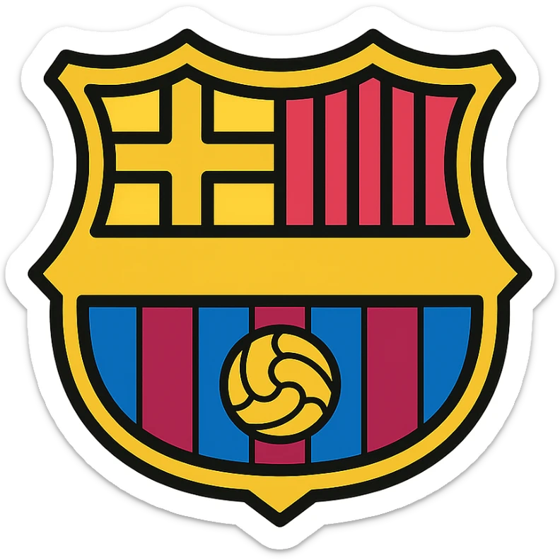 minimalist icon representing FC Barcelone with club's signature colors blue, garnet, yellow, abstracted shield shape, and football element sticker