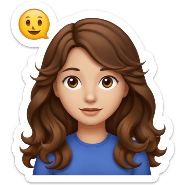 chica con el pelo castaño, largo, ondas suaves, ojos marrón oscuro, estilo emoji de iPhone sticker