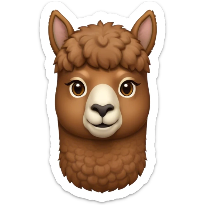 Cinematic Noble Brown Alpaca Portrait Emoji, Poised and regal, with a sturdy, graceful build and a rich, well-groomed brown fleece, deep-set soulful warm eyes, Simplified yet sharp and sophisticated features, highly detailed, glowing with a soft, dignified glow, high shine, intelligent and serene, stylized with an air of pastoral elegance, focused and attentive, soft glowing outline, capturing the essence of a watchful and confident companion, so majestic it feels as though it could stride out of the screen with effortless authority! sticker