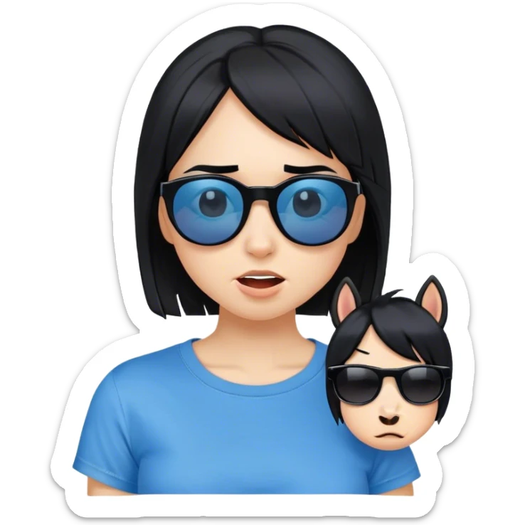A girl with black bob hair with pony, wearing black sunglasses，funny(0.5) face (0.5)，wacky expression, a blue t-shirt. sticker