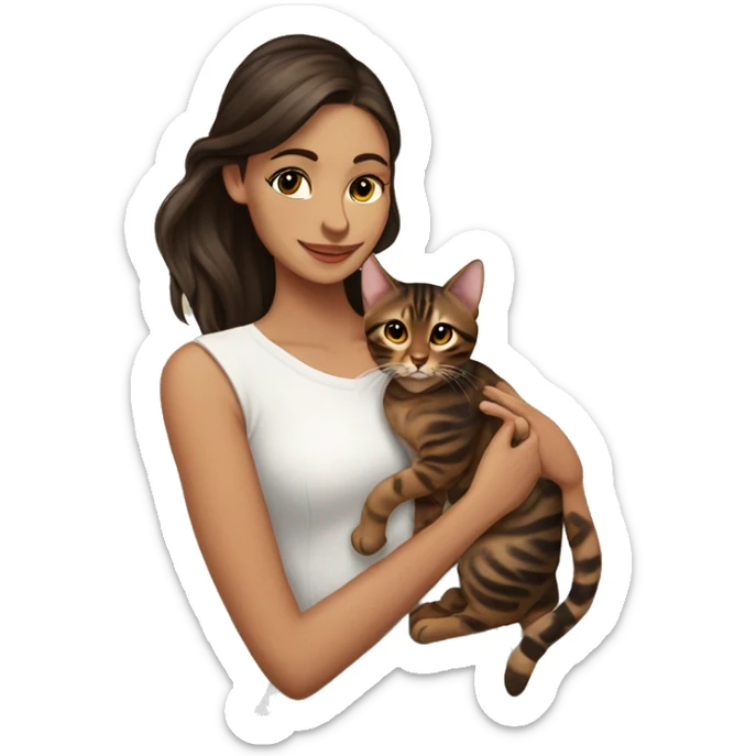 Beautiful woman long dark brown hair hug bengal cat sticker