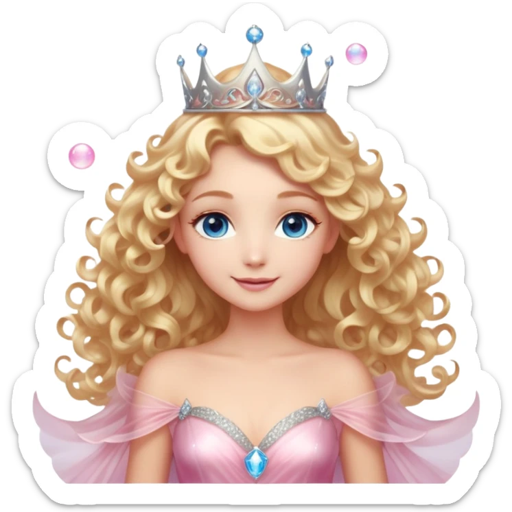 Elegant fairy with golden-blonde curls, a delicate silver crown, and sparkling blue eyes. She wears a shimmering light pink gown with a layered, ethereal design. Surrounded by a glowing, translucent pink bubble, radiating warmth and magic, with a bright, confident smile. sticker